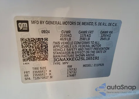 2025 Chevrolet Equinox Activ z USA, uszkodzony, nr VIN 3GNAXKEG2SL165191